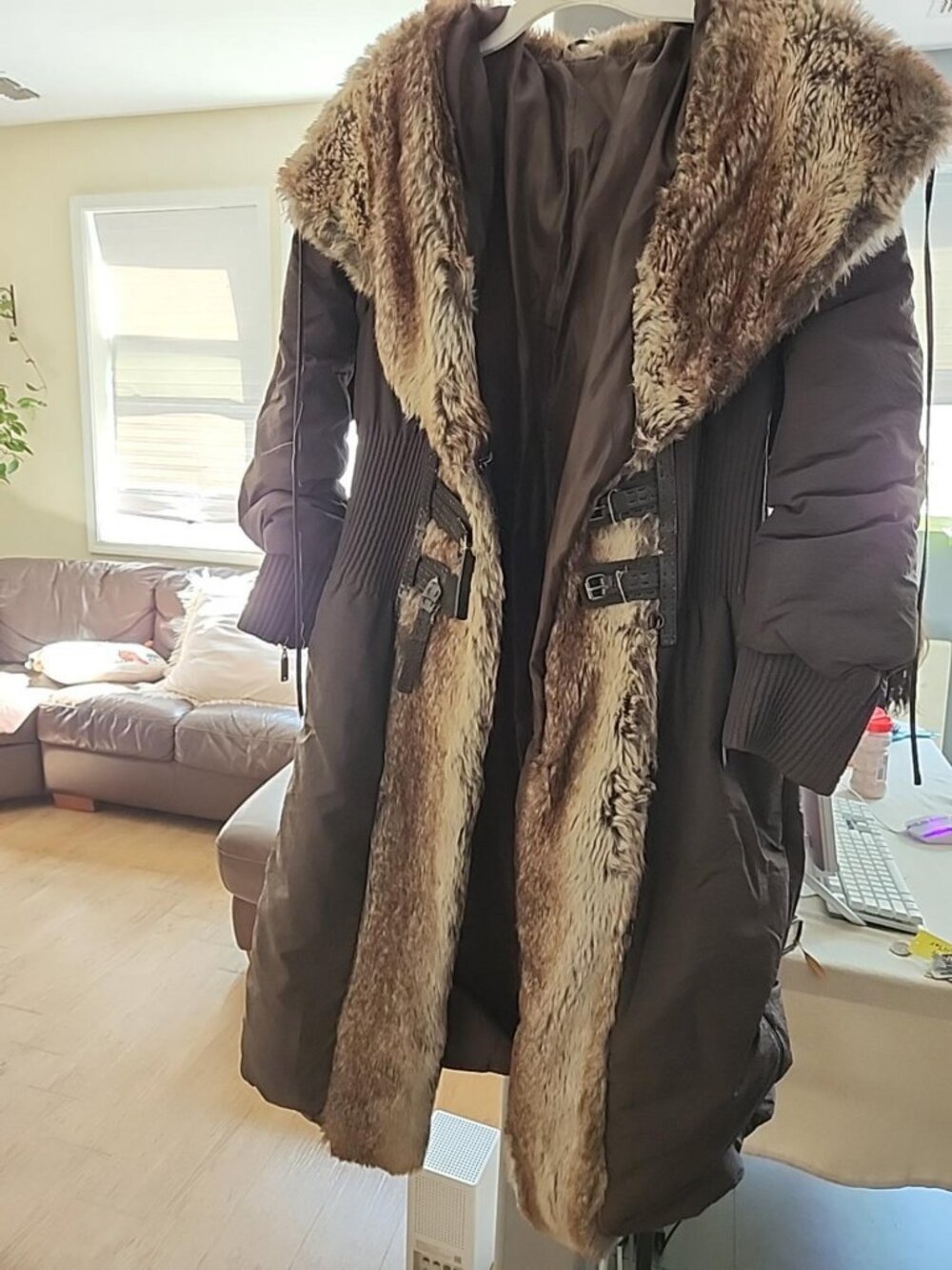 Women’s Brown Long Puffer Coat with Faux Fur Trim & Buckle Details